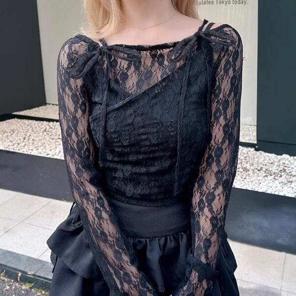 P11063日单甜美日系新款GL方领套头系带露肩显瘦女镂空蕾丝衬衫