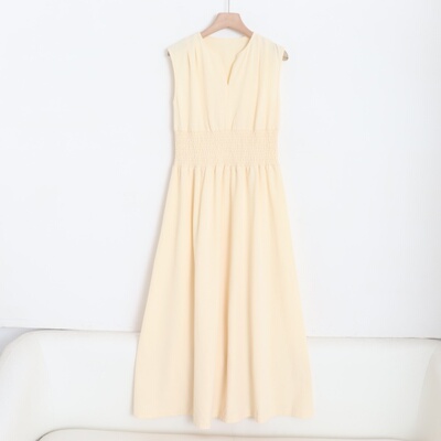 D15007日单贵牌新款客供小V领套头松紧腰微宽松女气质无袖连衣裙