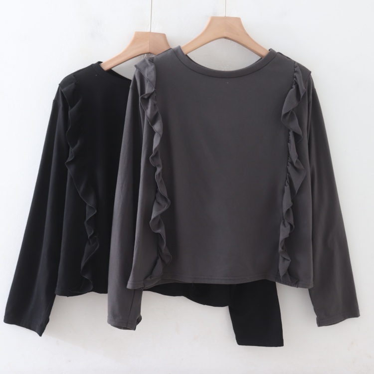 D01081日单秋季 新款圆领套头宽松荷叶花边设计女通勤休闲长袖T恤