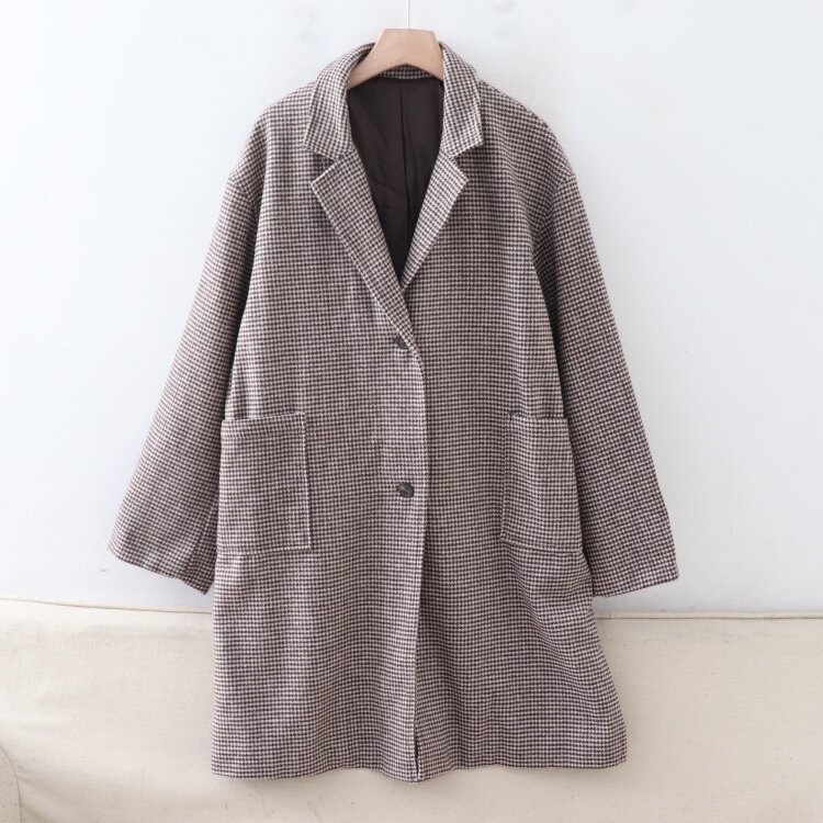 A05093日单新款客供两粒扣西装领宽松显瘦女中长款千鸟格呢子外套