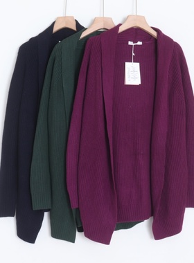 D04009日单客供料秋款翻边领无扣弹性好女简洁中长针织毛线外套