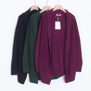 D04009日单客供料秋款翻边领无扣弹性好女简洁中长针织毛线外套