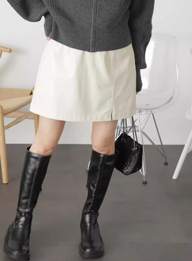 C020100日单秋冬新款后松紧高腰A字短裙女纯色气质PU皮裙半身裙
