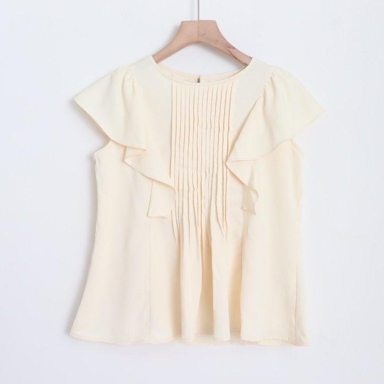 D160104日单客供料后纽扣圆领套头微宽松女甜美风琴折荷叶袖衬衫