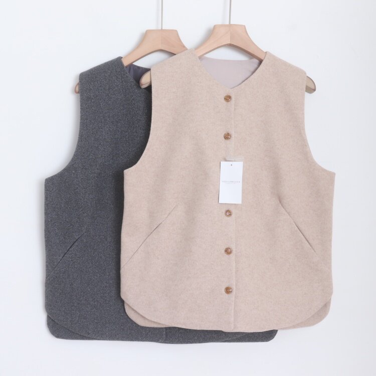 D22046日单新款单排扣V领微宽松显瘦好搭配女纯色气质呢子马夹