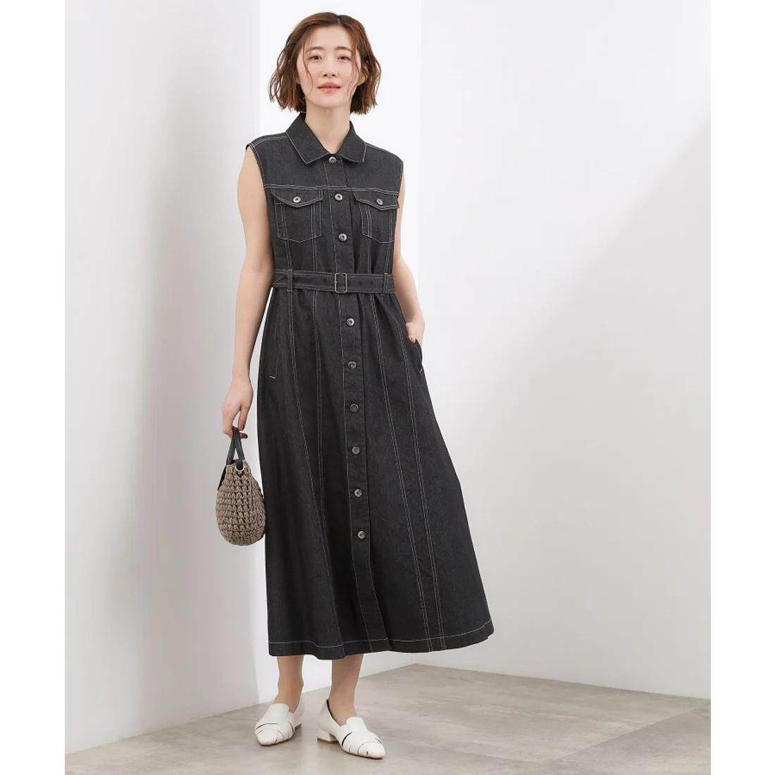 D22022日单新款单排扣翻边领微宽松有腰带女气质牛仔无袖长连衣裙