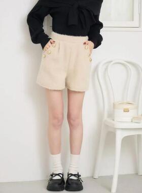 D05046日单秋冬新款客供后松紧高腰显瘦无纽扣女纯色气质呢子短裤