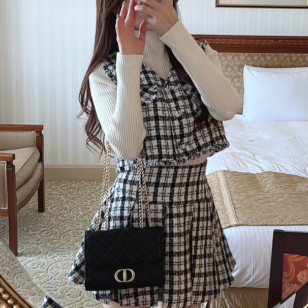 D07004日单秋冬GL新款隐形拉链高腰A字短裙女气质呢子格子半身裙