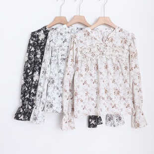 衬衫 D17013日单26年新款 门襟扣花边套头宽松显瘦女甜美碎花喇叭袖