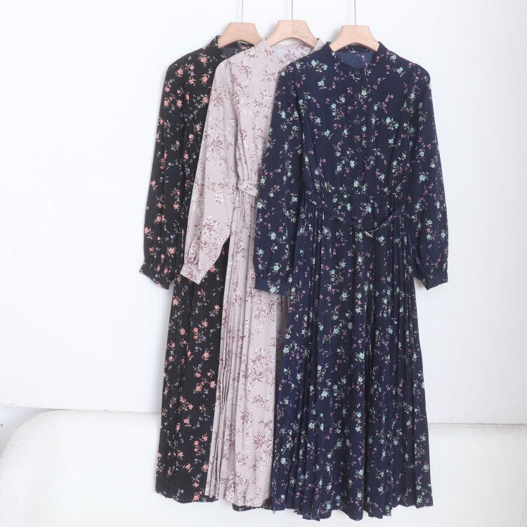 D220113日单新款系腰带门襟扣圆领松紧腰显瘦女优雅碎花长连衣裙