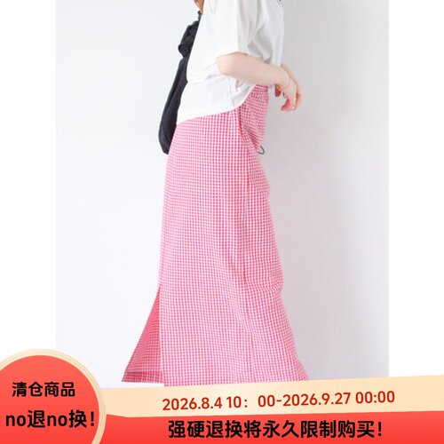 E030111日单新款客供料后松紧高腰H型女格子后开叉泡泡棉长半身裙