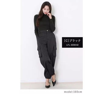 裤 脚松紧工装 日系松紧高腰宽松女通勤休闲条纹裤 C08058日单秋款