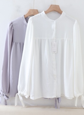 B06045日单新款客供料圆领单排扣宽松显瘦女气质纯色袖系带衬衫
