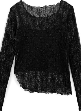 D09092日单新款客供料圆领有弹性修身女纯色甜美气质透视蕾丝衬衫