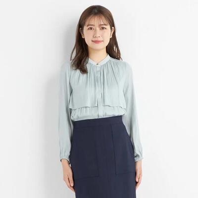 E06086日单春夏新款客供料隐形扣圆领宽松显瘦女纯色气质长袖衬衫