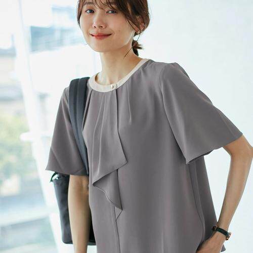 H04003日单新款客供后纽扣圆领套头微宽松显瘦女气质通勤短袖衬衫