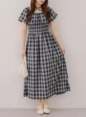 D150124日单新款挂脖系绳松紧方领套头长裙女甜美格子短袖连衣裙