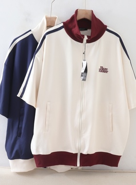 C050100日单夏新款客供料螺纹领拉链宽松显瘦女休闲刺绣短袖外套