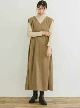 C11049日单早秋款客供料V领宽松休闲女纯色气质灯芯绒无袖连衣裙