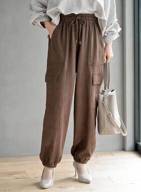 D150107日单新款客供料松紧高腰抽绳长裤女纯色通勤休闲工装裤