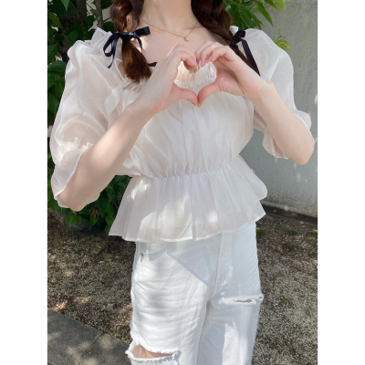 A090110日单夏新款花边松紧一字领套头女薄款甜美喇叭袖短款衬衫