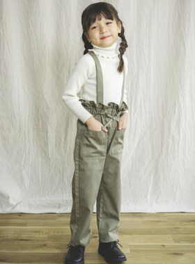 D140114日单新款客供花边松紧高腰显瘦长裤女童可脱卸背带直筒裤