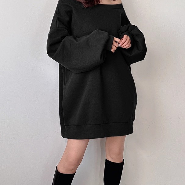 C12042日单GL秋季新款螺纹圆领套头宽松女休闲大版内薄绒中长卫衣