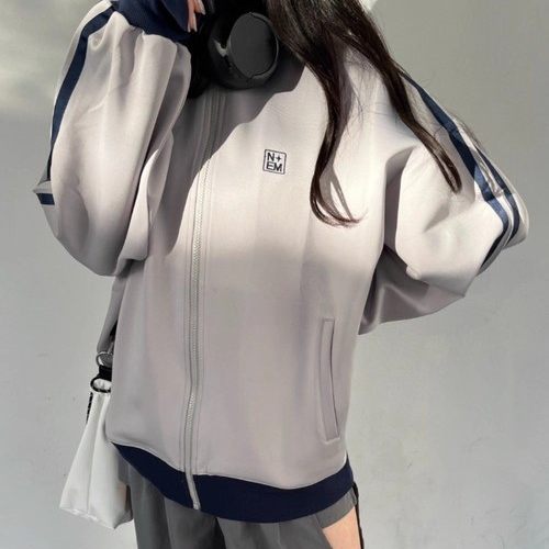 D04023日单新款客供料螺纹领拉链宽松学院风女撞色休闲长袖外套