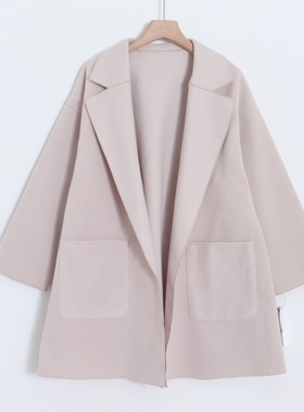 D03018日单秋冬新款无扣西装领宽松女气质中长款双面呢子休闲外套