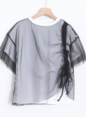 D06046日单新款圆领套头微宽松女设计款抽绳系带拼接网纱短袖T恤