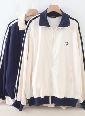 D02017日单秋款客供料螺纹领拉链宽松显瘦运动女撞色休闲刺绣外套