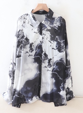 C08073日单新款客供料单排扣宽松好搭配女休闲印花长袖衬衫大码