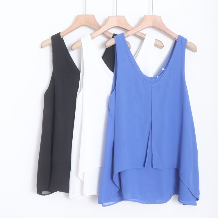 D19092日单夏新款客供料V领套头宽松显瘦女纯色通勤气质无袖衬衫