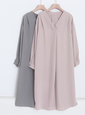D080109日单新款客供料简洁V领套头宽松女纯色通勤气质长袖连衣裙
