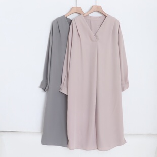 D080109日单新款客供料简洁V领套头宽松女纯色通勤气质长袖连衣裙