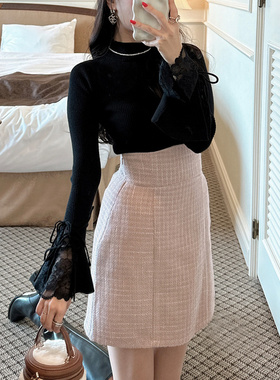 D08040日单新款GL隐形拉链松紧高腰短裙女甜美气质粗花呢半身裙