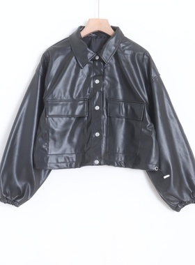 D11068日单新款客供料单排按扣宽松显瘦抽绳女通勤休闲PU皮衣外套