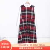 D08045日单新款 客供料后纽扣娃娃领套头宽松女拼接格子连衣裙大码