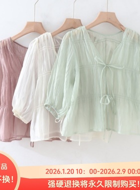 B06054日单夏新款客供料系带V领宽松女纯色甜美日系轻薄透视衬衫