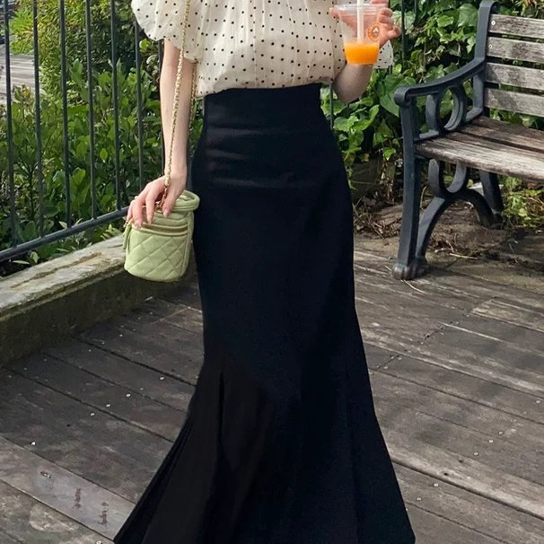 D08051日单新款GL隐形拉链松紧高腰显瘦长裙女纯色甜美气质半身裙