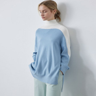 D07017日单秋冬新款1.32W日元高领套头弹性好宽松女撞色中长毛衣