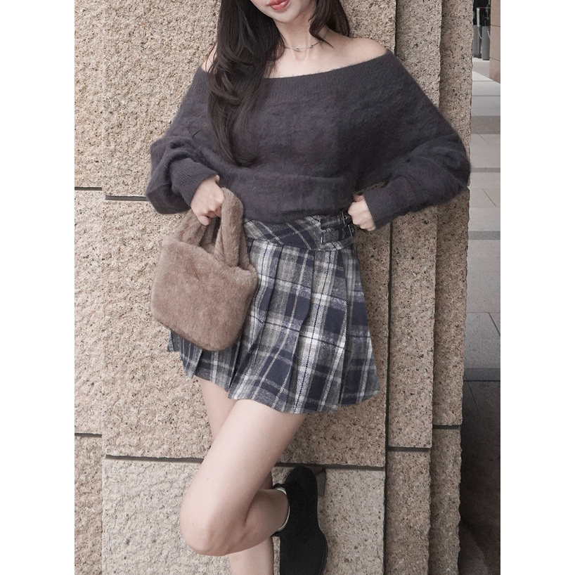 D08086日单秋冬新款GL隐形拉链高腰A字百褶短裙女呢子格子半身裙