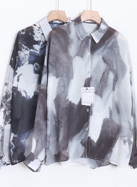 D11006日单新款客供料单排扣宽松女通勤休闲轻薄扎染印花长袖衬衫