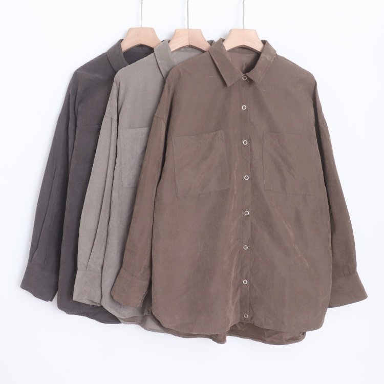 D16028日单新款按扣翻边领宽松显瘦好搭配女纯色简洁休闲中长衬衫