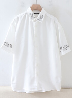 B06041日单夏款客供料单排扣翻边领宽松通勤中性休闲刺绣短袖衬衫