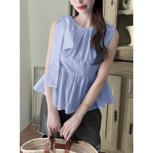 D18083日单新款甜美日系GL蝴蝶结装饰圆领套头微宽松女无袖衬衫