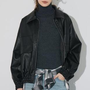 D19068日单新款 翻边领拉链宽松显瘦休闲好搭配女纯色PU皮衣外套