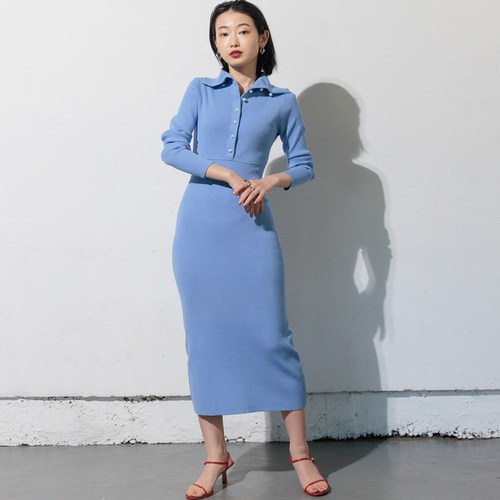 D06084日单秋冬新款1W+客供料珍珠扣翻边领修身女气质针织连衣裙