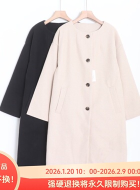 D06061日单客供料秋冬款圆领单排扣宽松休闲女长款气质呢子外套