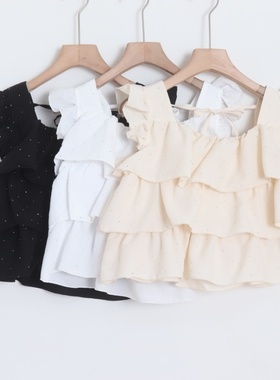 D08009日单新款后系带方领套头显瘦女荷叶边层次甜美镶钻无袖衬衫